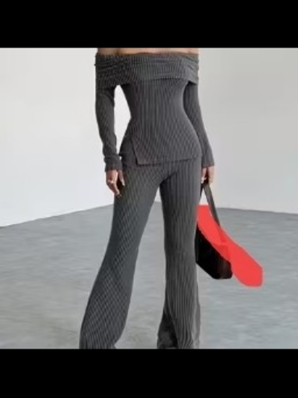 Off-Shoulder Ribbed Knit Pantsuit in Charcoal Gray